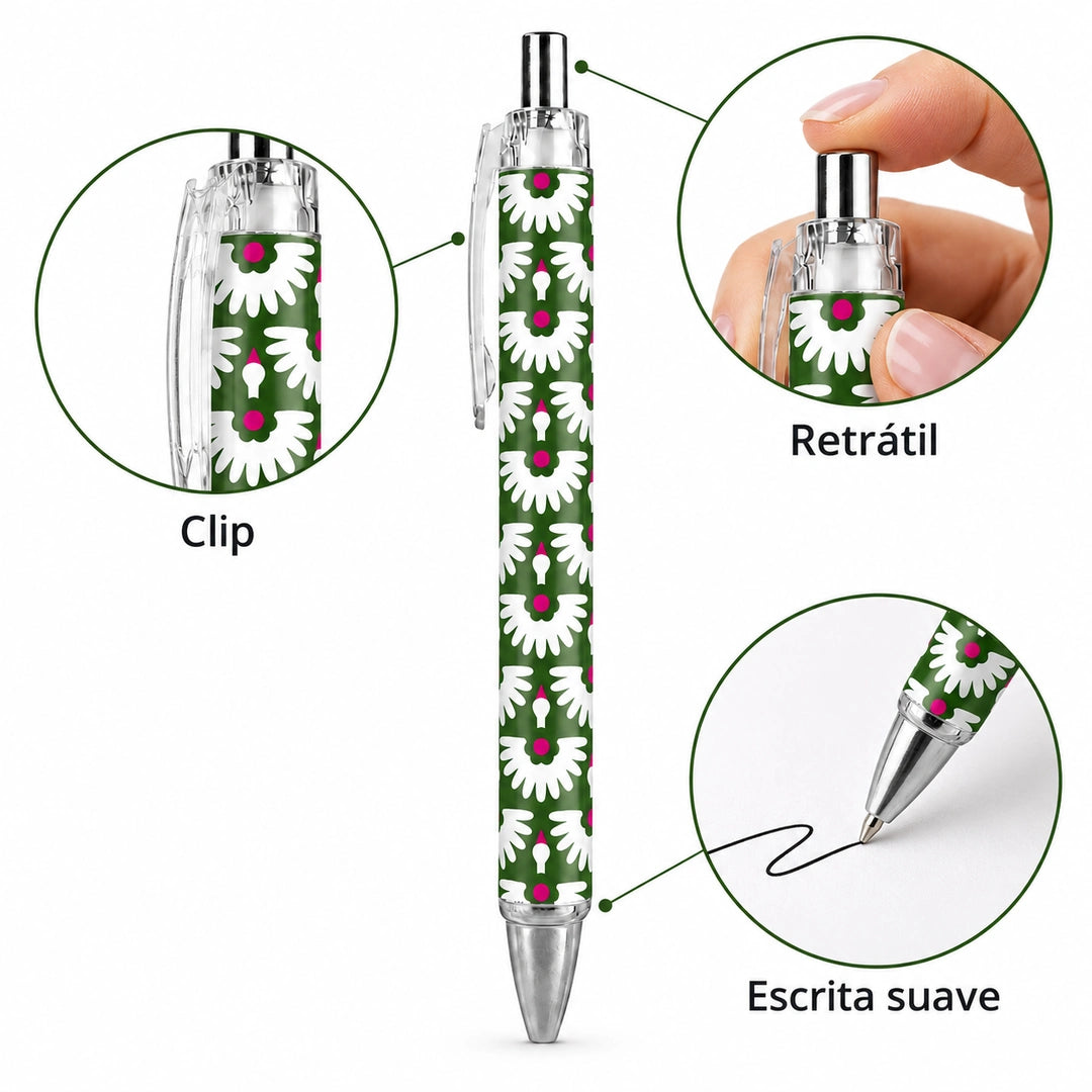 Caneta Esferográfica Cegonhas e Margaridas Verde | Cucawik