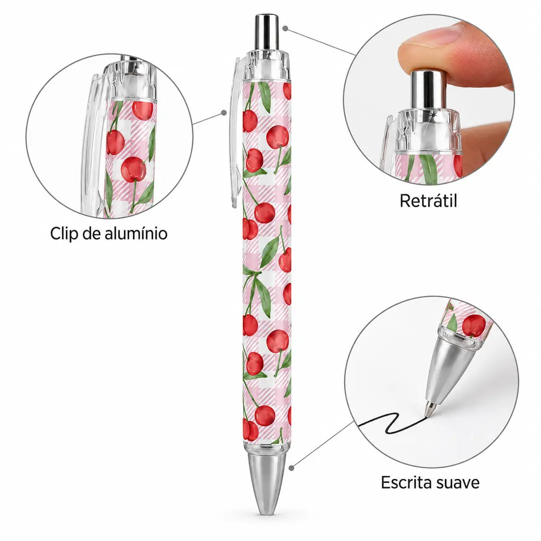 Caneta Esferográfica Cerejas do Fundão Fundo Xadrez Rosa | Cucawik