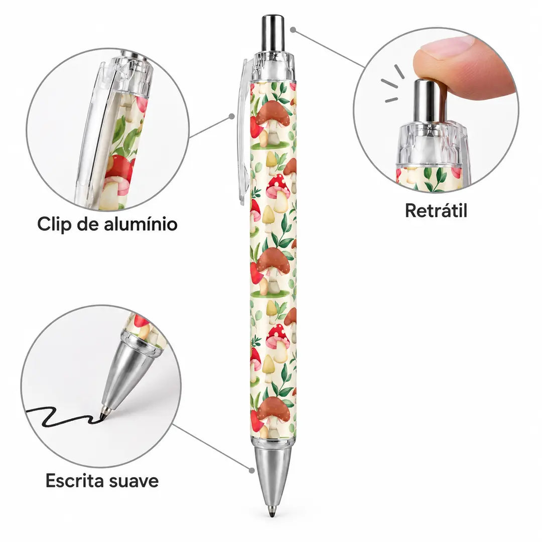 Caneta Esferográfica Cogumelos Ilustrados Creme | Cucawik