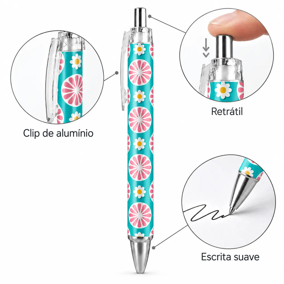 Caneta Esferográfica Flores Retro Turquesa Rosa | Cucawik