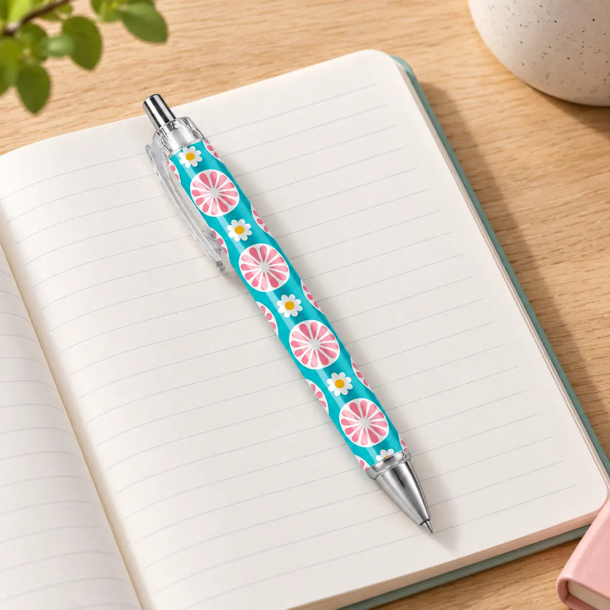 Caneta Esferográfica Flores Retro Turquesa Rosa | Cucawik
