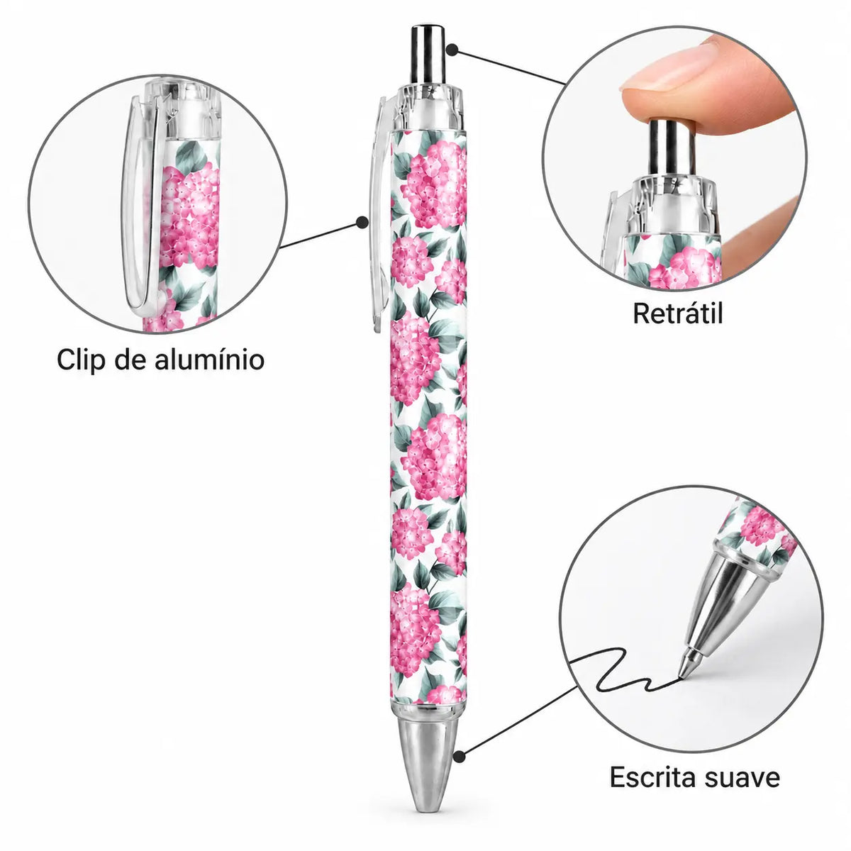 Caneta Esferográfica Hortênsias Rosa | Cucawik