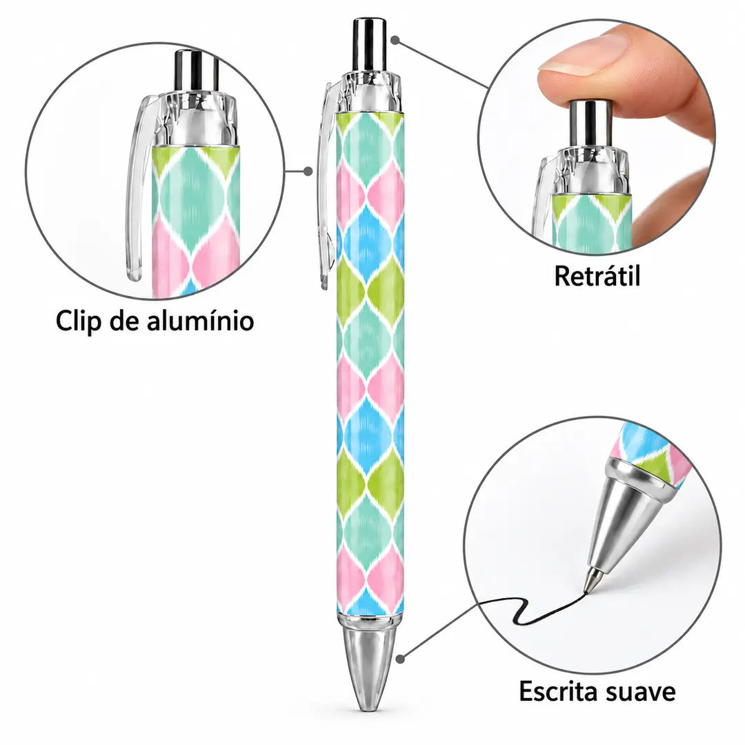 Caneta Esferográfica Ikat Pastel Rosa Verde Azul | Cucawik
