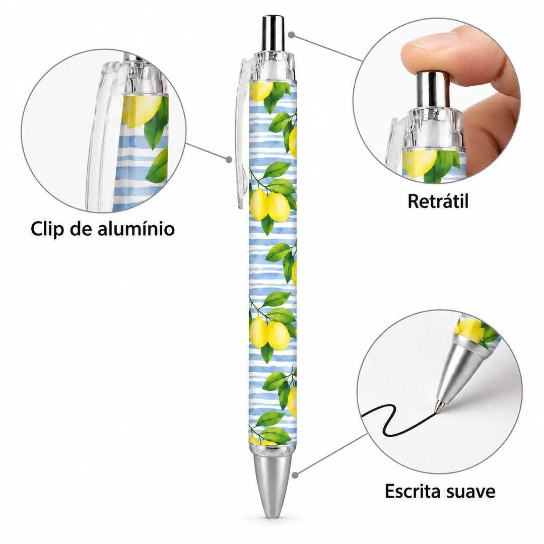 Caneta Esferográfica Limões Sicilianos Fundo Riscas Azuis | Cucawik
