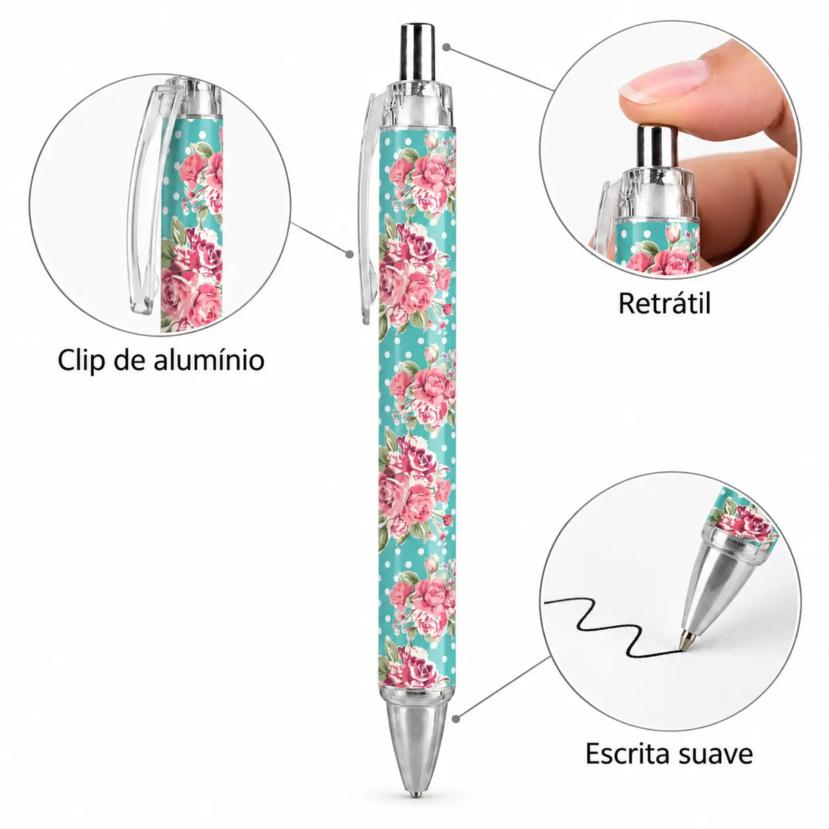 Caneta Esferográfica Rosas Fundo Turquesa Bolinhas | Cucawik