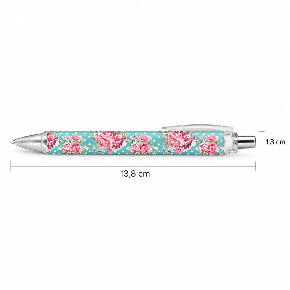 Caneta Esferográfica Rosas Fundo Turquesa Bolinhas | Cucawik
