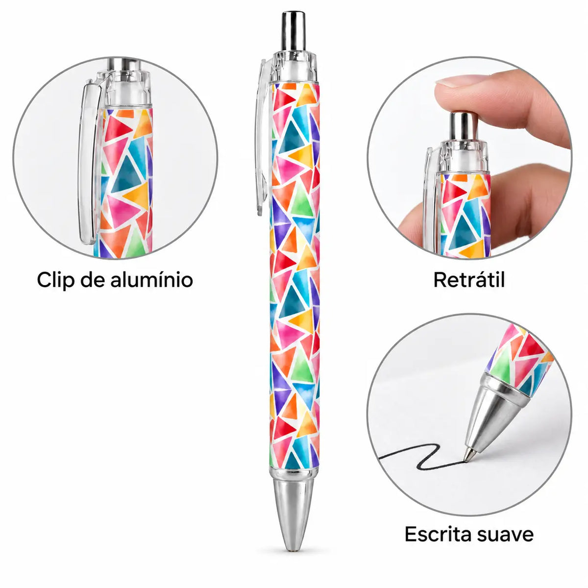Caneta Esferográfica Triângulos Coloridos Aguarela | Cucawik