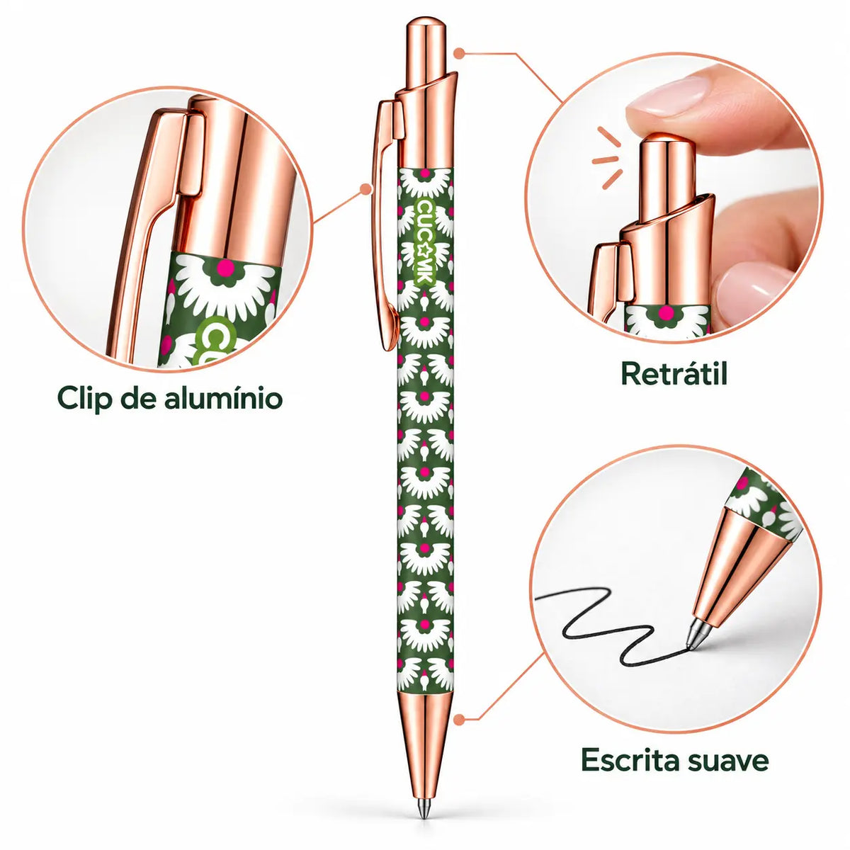 Caneta Esferográfica com Clip Metálico Cegonhas e Margaridas Verde | Dourado Rosa | Cucawik