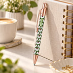 Caneta Esferográfica com Clip Metálico Cegonhas e Margaridas Verde | Dourado Rosa | Cucawik