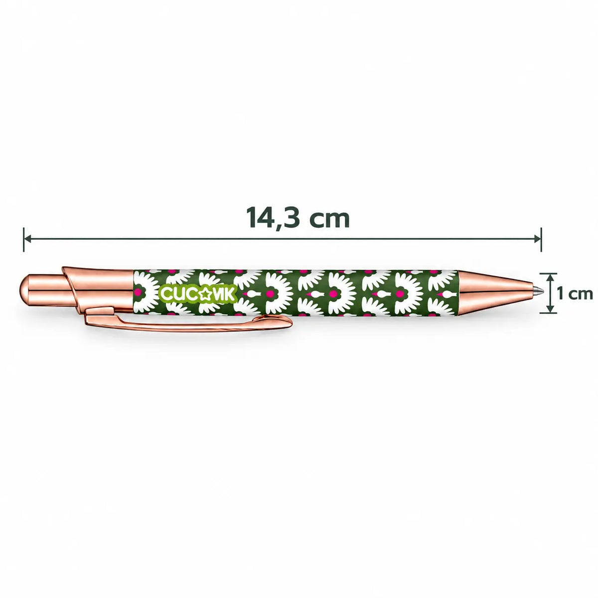 Caneta Esferográfica com Clip Metálico Cegonhas e Margaridas Verde | Dourado Rosa | Cucawik