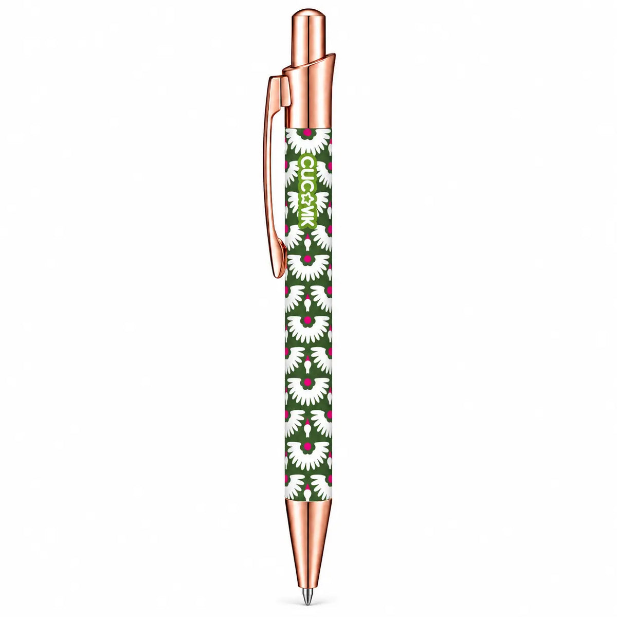 Caneta Esferográfica com Clip Metálico Cegonhas e Margaridas Verde | Dourado Rosa | Cucawik