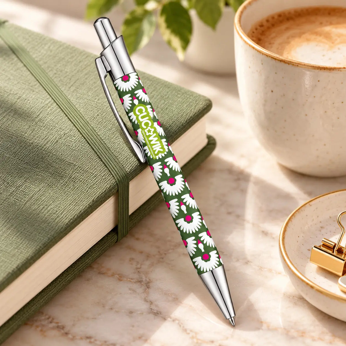 Caneta Esferográfica com Clip Metálico Cegonhas e Margaridas Verde | Cucawik