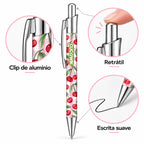 Caneta Esferográfica com Clip Metálico Cerejas do Fundão Fundo Xadrez Rosa | Cucawik