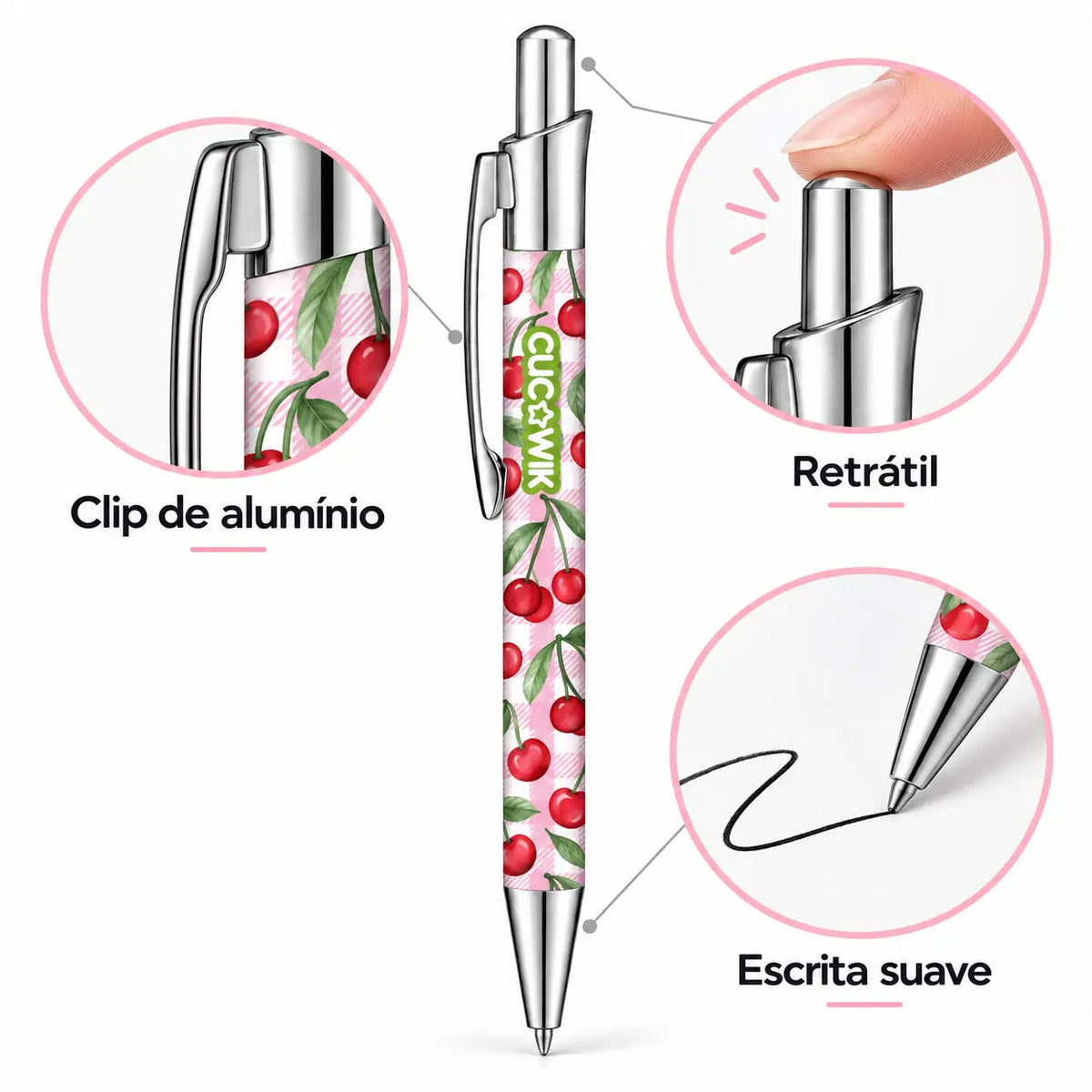 Caneta Esferográfica com Clip Metálico Cerejas do Fundão Fundo Xadrez Rosa | Cucawik