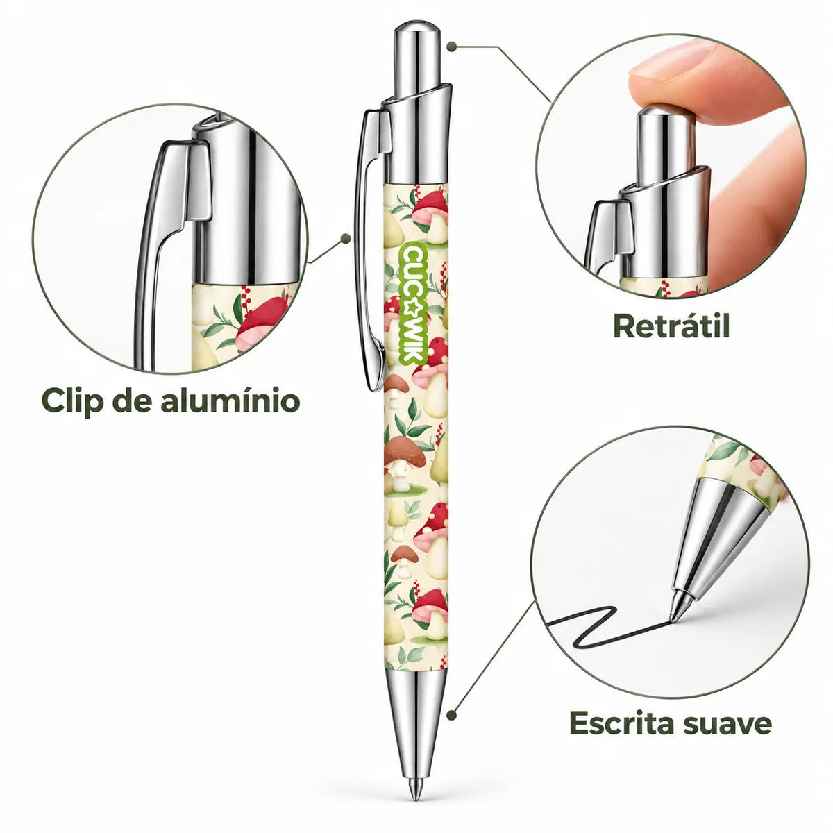 Caneta Esferográfica com Clip Metálico Cogumelos Ilustrados Creme | Cucawik