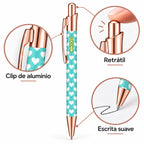Caneta Esferográfica com Clip Metálico Corações Rabiscados Menta | Dourado Rosa | Cucawik