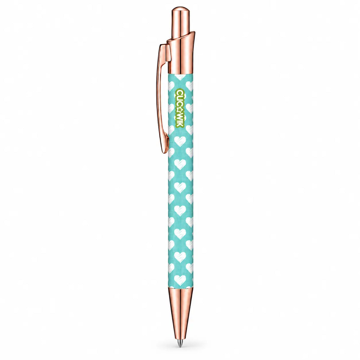 Caneta Esferográfica com Clip Metálico Corações Rabiscados Menta | Dourado Rosa | Cucawik