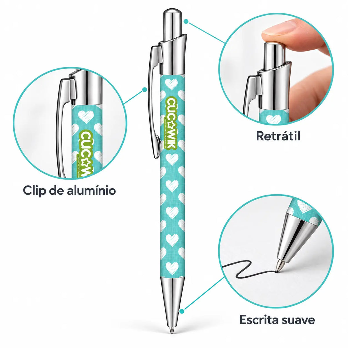 Caneta Esferográfica com Clip Metálico Corações Rabiscados Menta | Cucawik