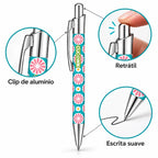 Caneta Esferográfica com Clip Metálico Flores Retro Turquesa Rosa | Cucawik
