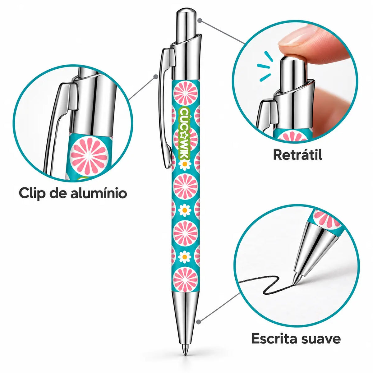 Caneta Esferográfica com Clip Metálico Flores Retro Turquesa Rosa | Cucawik