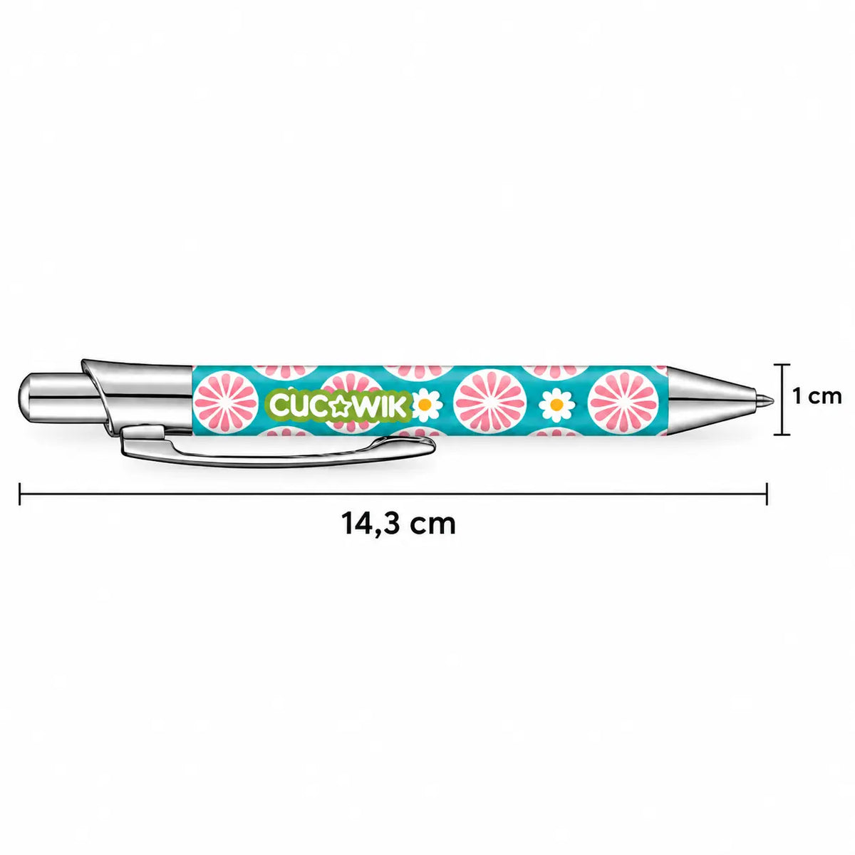 Caneta Esferográfica com Clip Metálico Flores Retro Turquesa Rosa | Cucawik
