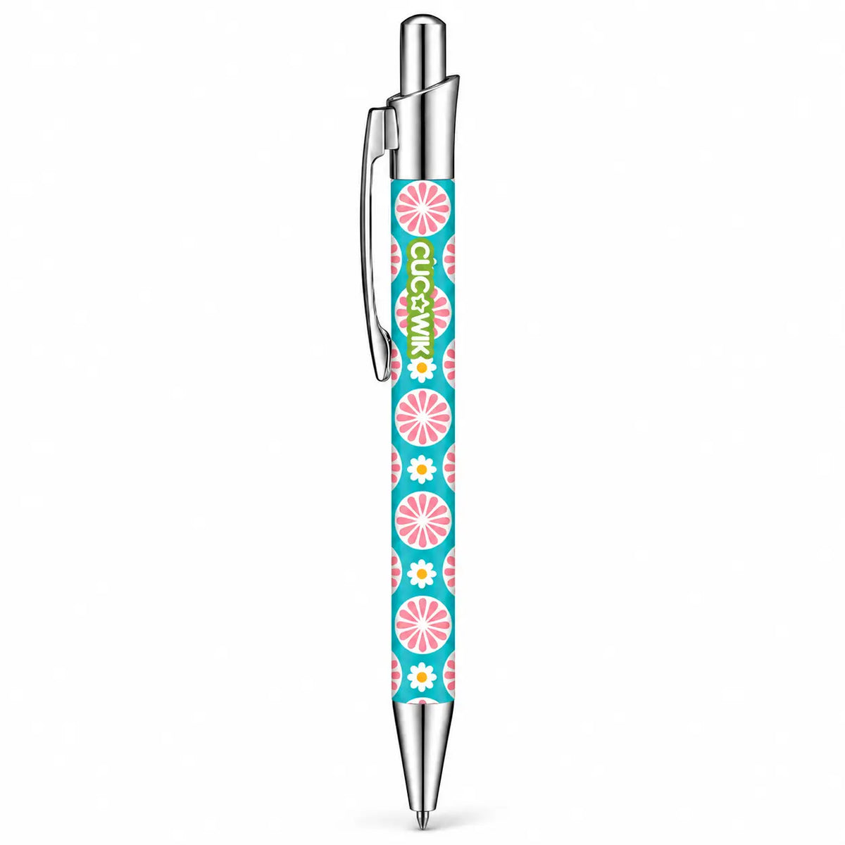 Caneta Esferográfica com Clip Metálico Flores Retro Turquesa Rosa | Cucawik