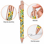 Caneta Esferográfica com Clip Metálico Girassóis Aguarela Fundo Branco | Dourado Rosa | Cucawik