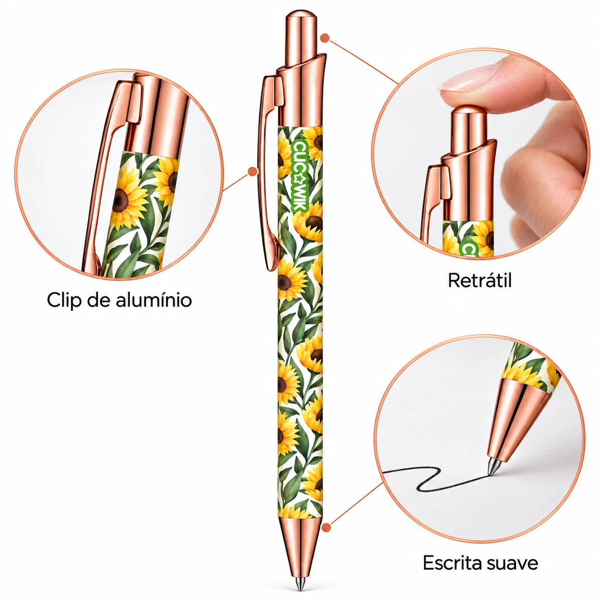 Caneta Esferográfica com Clip Metálico Girassóis Aguarela Fundo Branco | Dourado Rosa | Cucawik