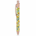 Caneta Esferográfica com Clip Metálico Girassóis Aguarela Fundo Branco | Dourado Rosa | Cucawik
