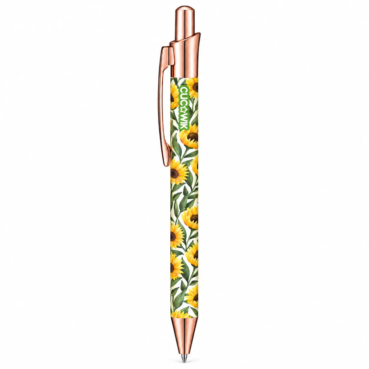 Caneta Esferográfica com Clip Metálico Girassóis Aguarela Fundo Branco | Dourado Rosa | Cucawik