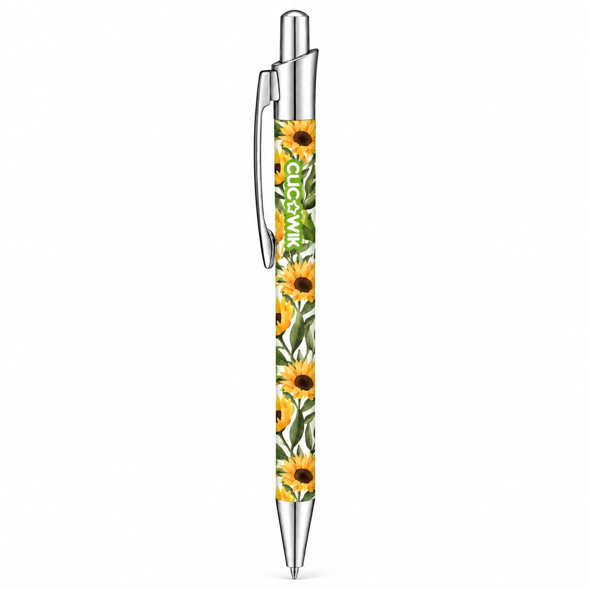 Caneta Esferográfica com Clip Metálico Girassóis Aguarela Fundo Branco | Cucawik