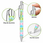 Caneta Esferográfica com Clip Metálico Ikat Pastel Rosa Verde Azul | Cucawik