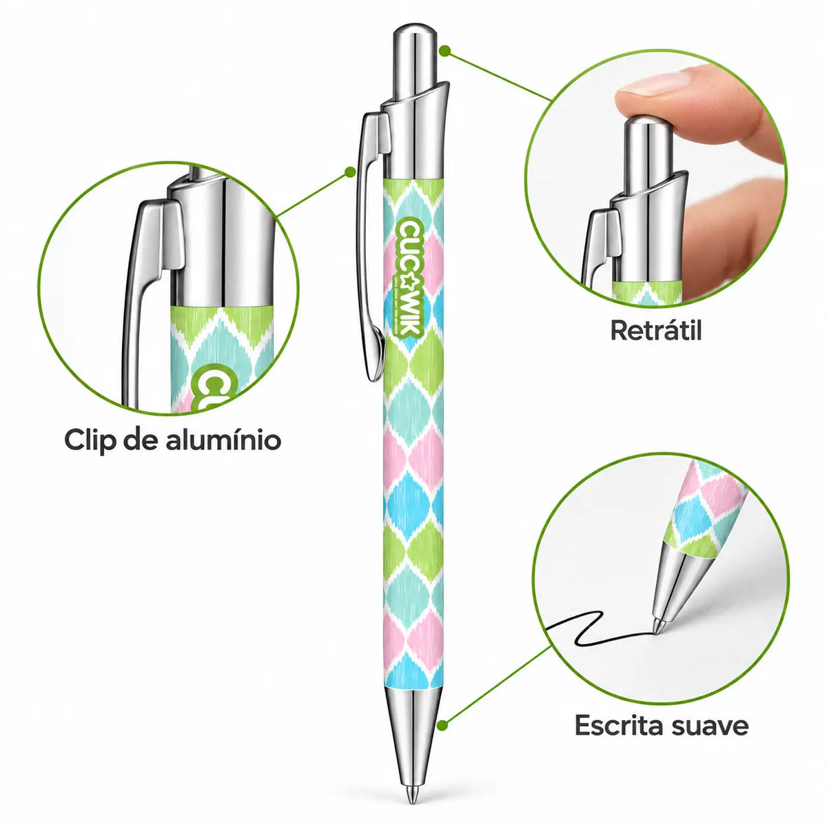 Caneta Esferográfica com Clip Metálico Ikat Pastel Rosa Verde Azul | Cucawik