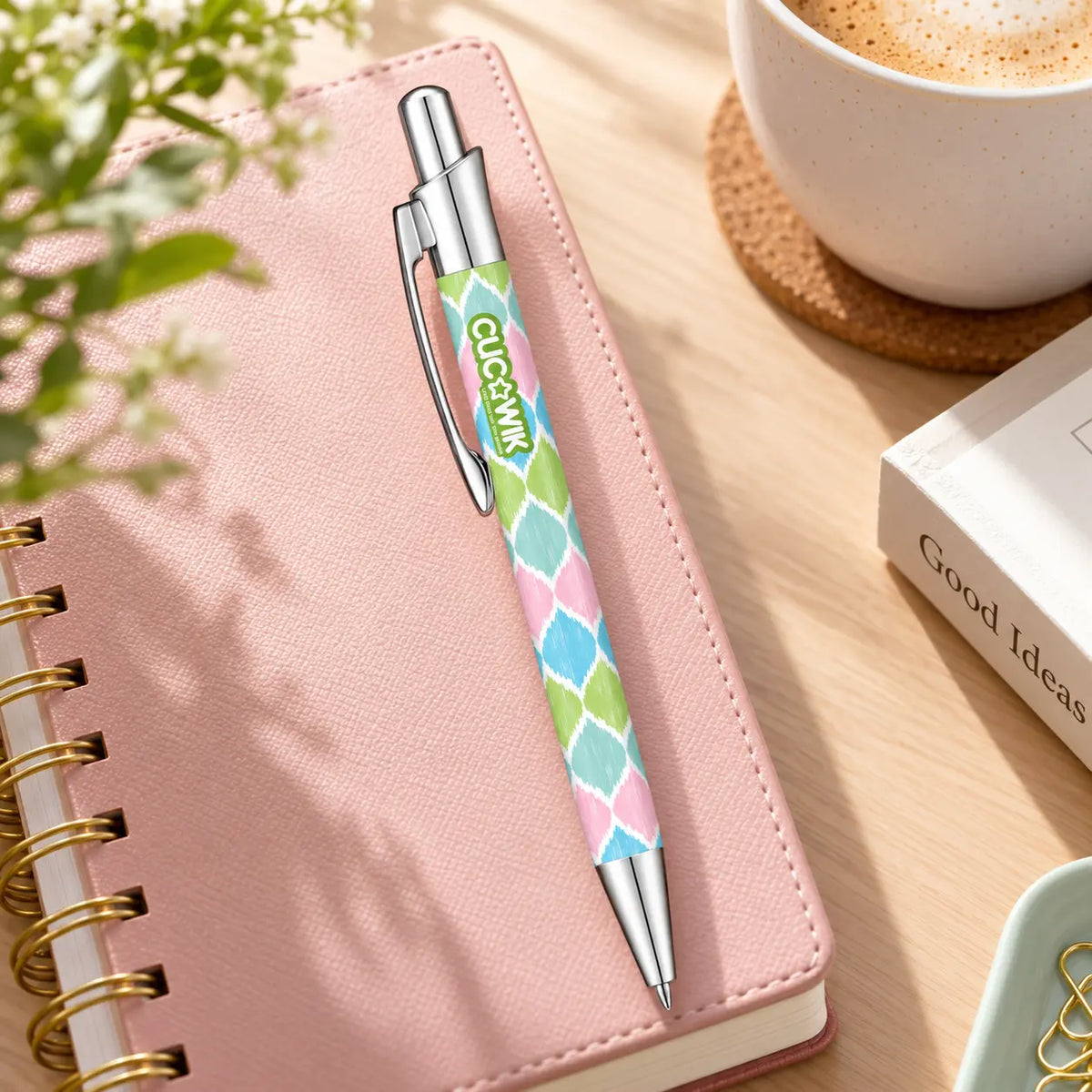 Caneta Esferográfica com Clip Metálico Ikat Pastel Rosa Verde Azul | Cucawik