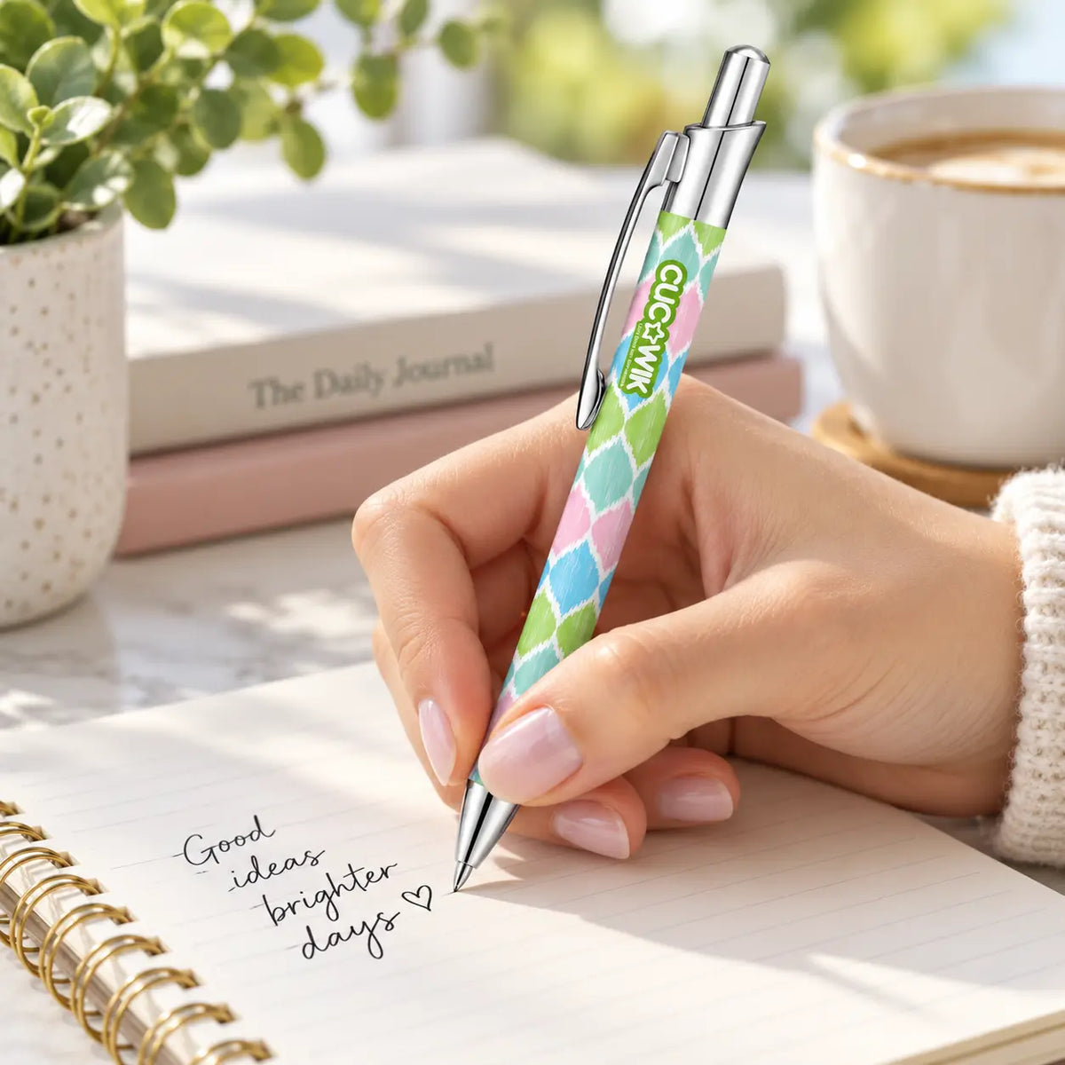 Caneta Esferográfica com Clip Metálico Ikat Pastel Rosa Verde Azul | Cucawik