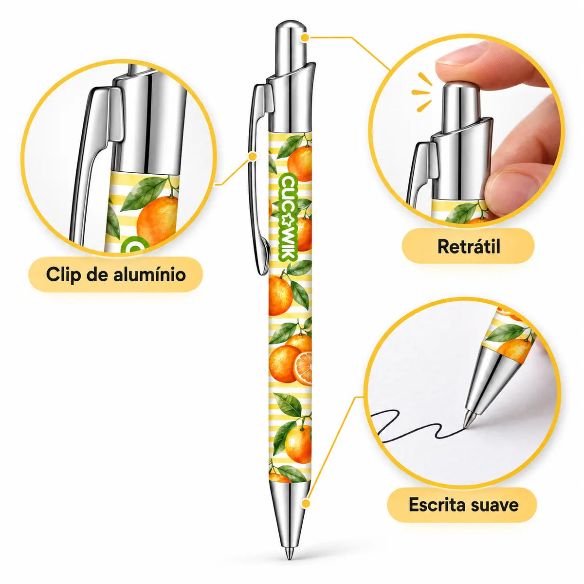 Caneta Esferográfica com Clip Metálico Laranjas Algarvias Fundo Riscas Laranjas | Cucawik