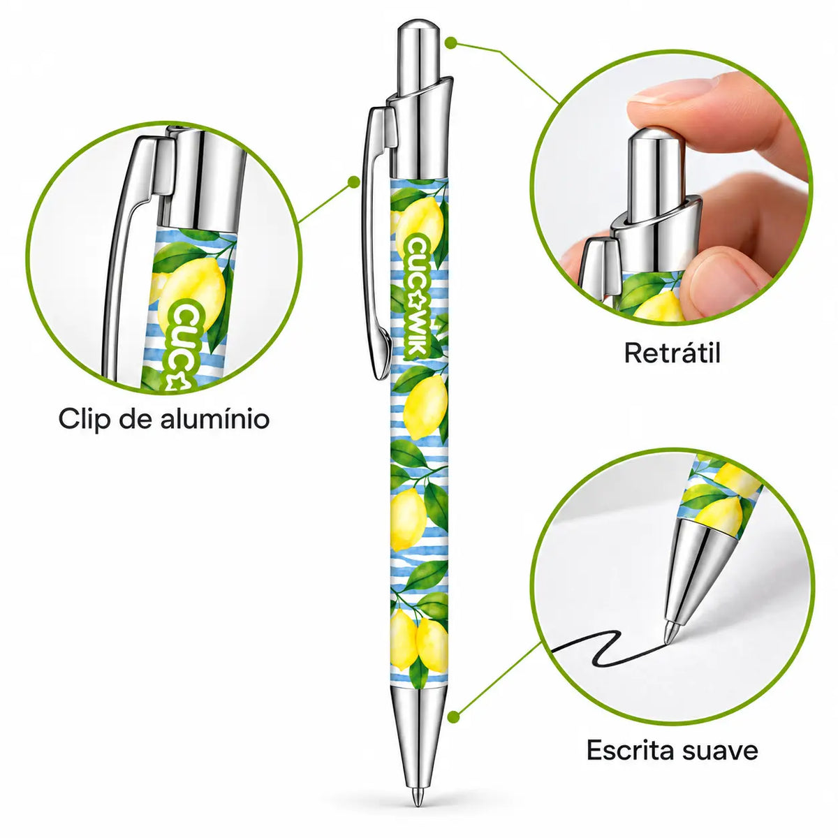 Caneta Esferográfica com Clip Metálico Limões Sicilianos Fundo Riscas Azuis | Cucawik