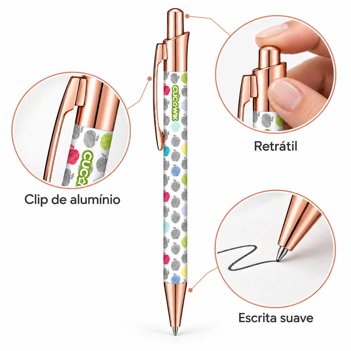 Caneta Esferográfica com Clip Metálico Maçãs Coloridas | Dourado Rosa | Cucawik