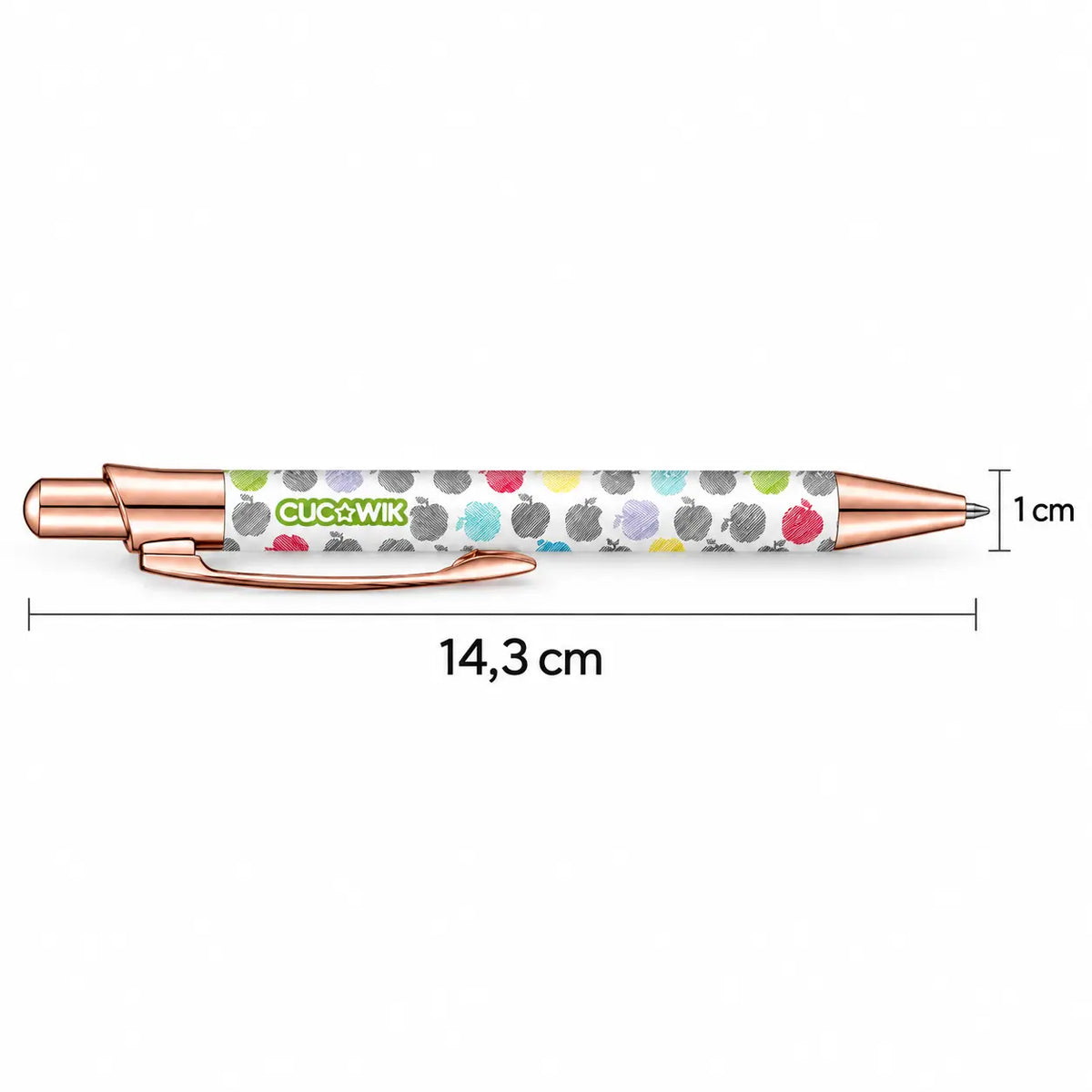 Caneta Esferográfica com Clip Metálico Maçãs Coloridas | Dourado Rosa | Cucawik