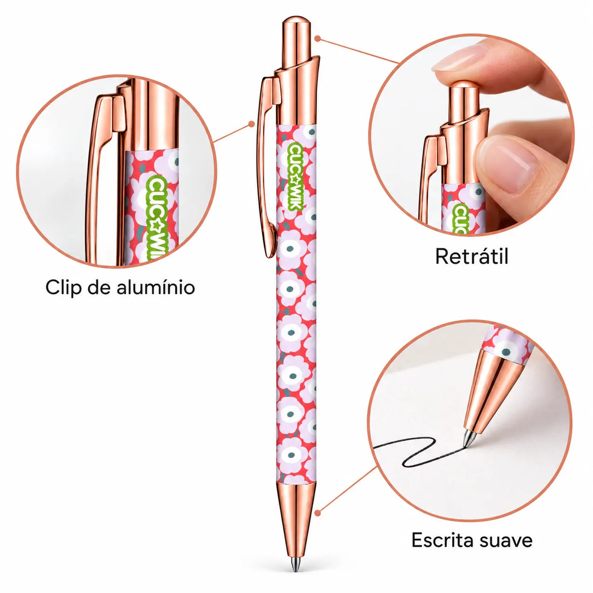 Caneta Esferográfica com Clip Metálico Margaridas Escandinavas Rosa | Dourado Rosa | Cucawik