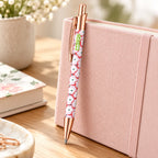 Caneta Esferográfica com Clip Metálico Margaridas Escandinavas Rosa | Dourado Rosa | Cucawik