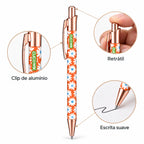 Caneta Esferográfica com Clip Metálico Margaridas Fundo Laranja | Dourado Rosa | Cucawik
