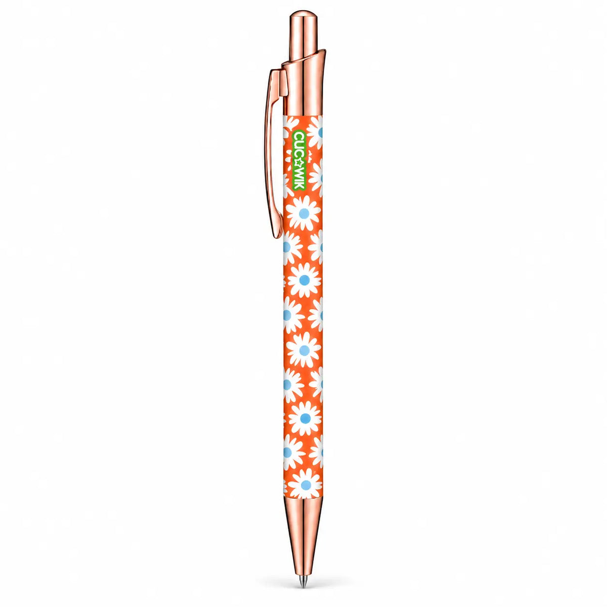 Caneta Esferográfica com Clip Metálico Margaridas Fundo Laranja | Dourado Rosa | Cucawik