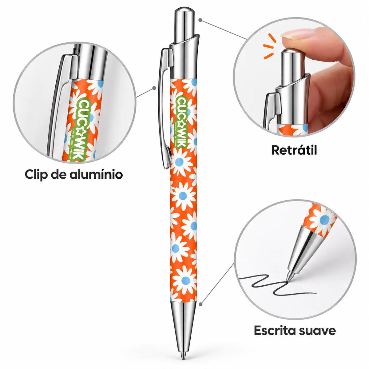 Caneta Esferográfica com Clip Metálico Margaridas Fundo Laranja | Cucawik