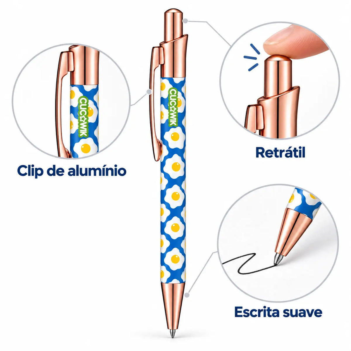 Caneta Esferográfica com Clip Metálico Ovos Estrelados Azul | Dourado Rosa | Cucawik