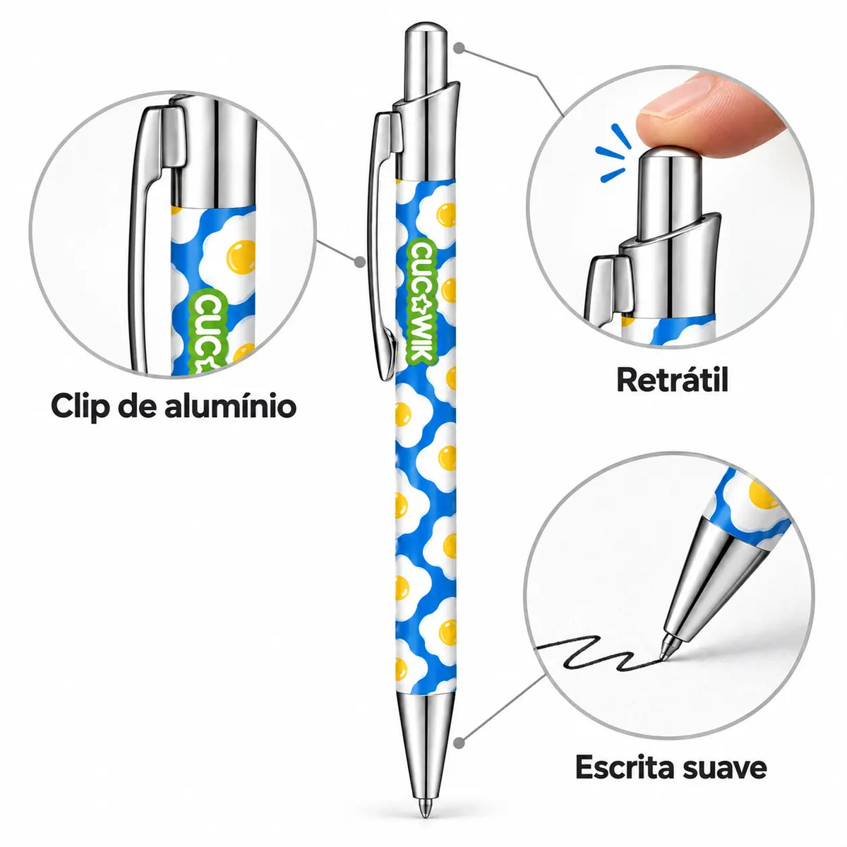 Caneta Esferográfica com Clip Metálico Ovos Estrelados Azul | Cucawik