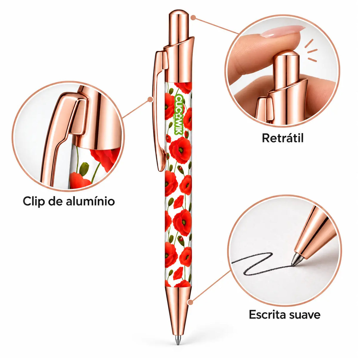 Caneta Esferográfica com Clip Metálico Papoilas Vermelhas | Dourado Rosa | Cucawik