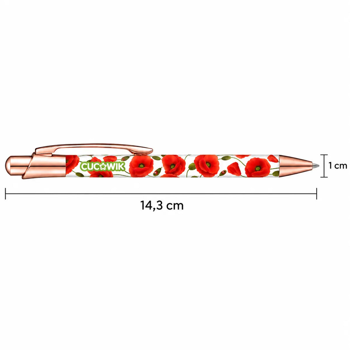 Caneta Esferográfica com Clip Metálico Papoilas Vermelhas | Dourado Rosa | Cucawik