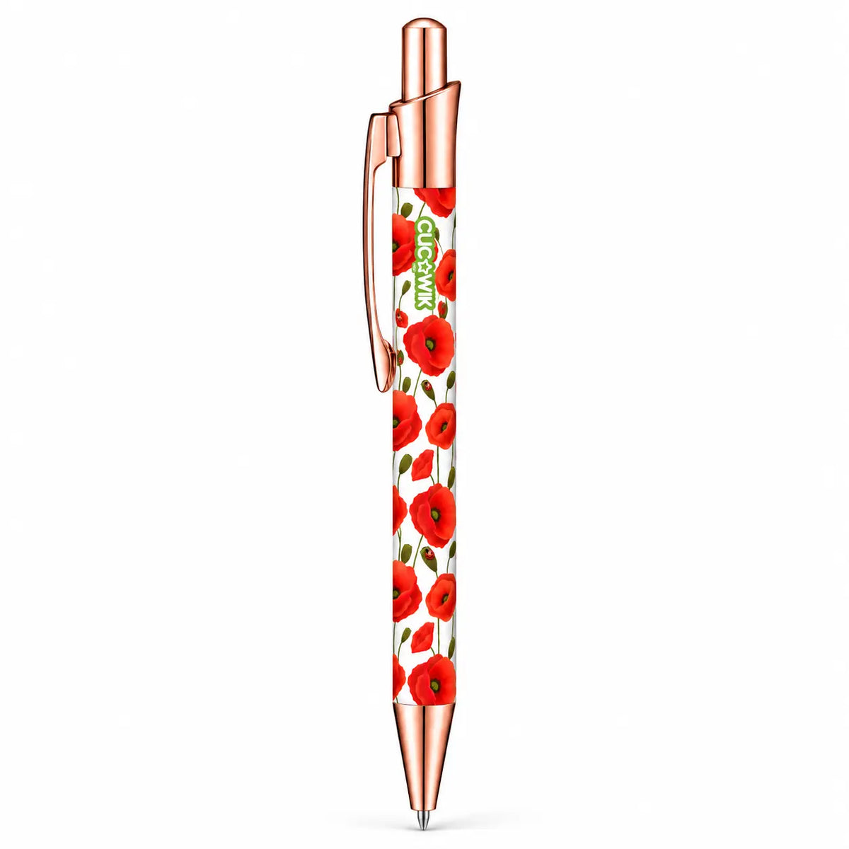 Caneta Esferográfica com Clip Metálico Papoilas Vermelhas | Dourado Rosa | Cucawik