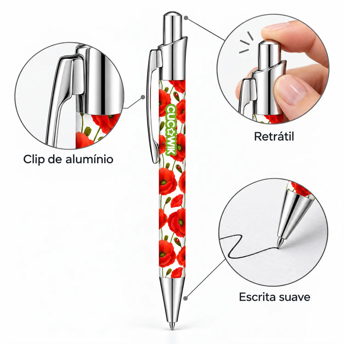 Caneta Esferográfica com Clip Metálico Papoilas Vermelhas | Cucawik